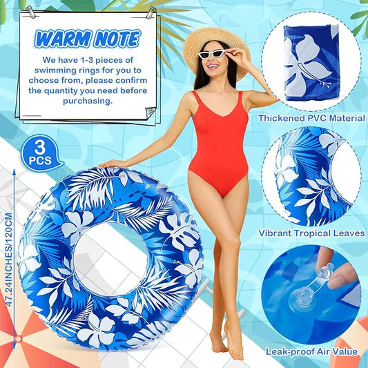 Jumbo Float Tube 47.24 Inches Inflatable Pool Floats Large Pool Tube Tropical Leaves Inflatable Tube Blue White Pool Rings Beach Swimming Ring for Adults Summer Supplies