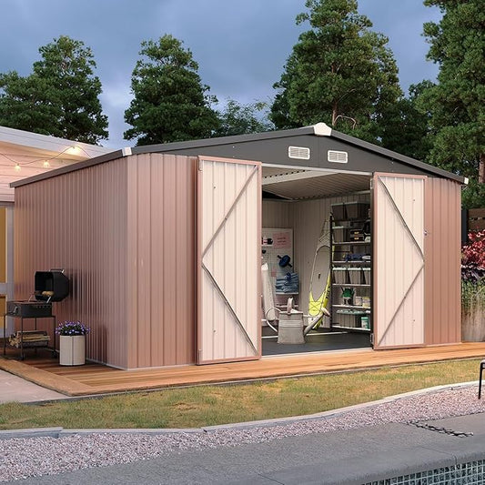 Aoxun 12x10 FT Galvanized Steel Outdoor Storage Shed - Metal Garden Shed with Double Doors, Thick Moisture-Proof Interlocking Floor, Ventilation System - Ideal for Generator & Tool Storage (Brown)