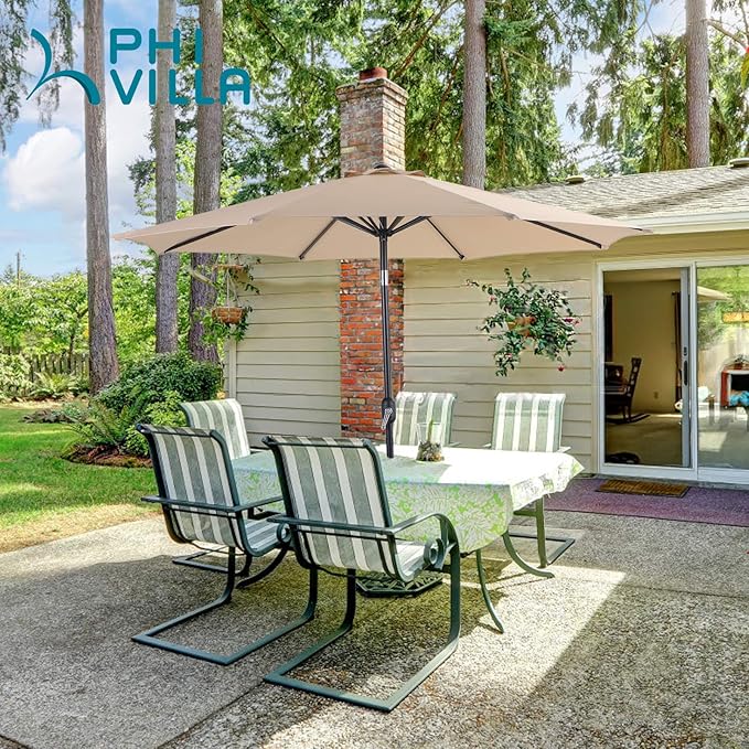 PHI VILLA 9ft Patio Umbrella Clearance, Outdoor Market Table Umbrellas with 8 Ribs and Push Button Tilt for Garden Deck & Poolside (No Base)