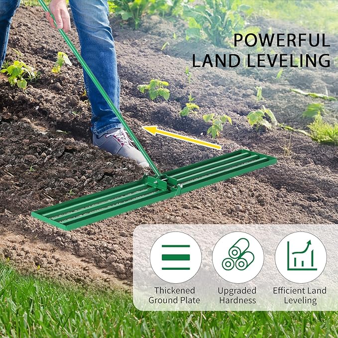 VINGLI Iron Lawn Leveling Rake 48in for Soil Sand Composs, Extended Handle, 180°Rotation Head, with All Handwares, for Yard Garden Golf Field, Green (48in)