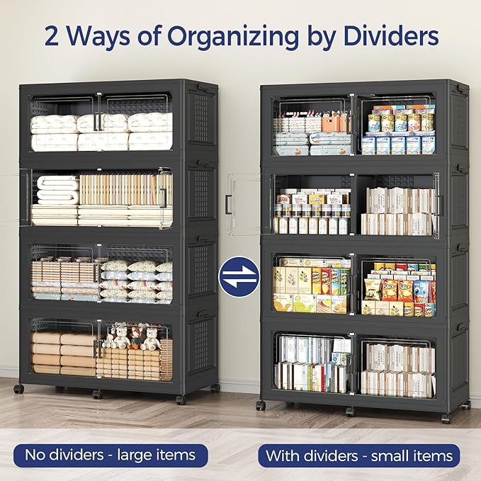 800 QT Extra Large Stackable Storage Bins with Lid, 200 Gal Collapsible Storage Box with Wheels, Folding Closet Organizers and Storage Cabinet with Doors for Home, Kitchen, Office, 4Pack Black