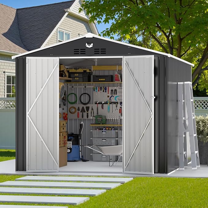 Outdoor Storage Shed 10x12 FT, Metal Garden Shed - Tool Storage Sheds with Lockable Doors, Waterproof Outside Storage Building for Backyard, Patio (Black; Floor Not Included)