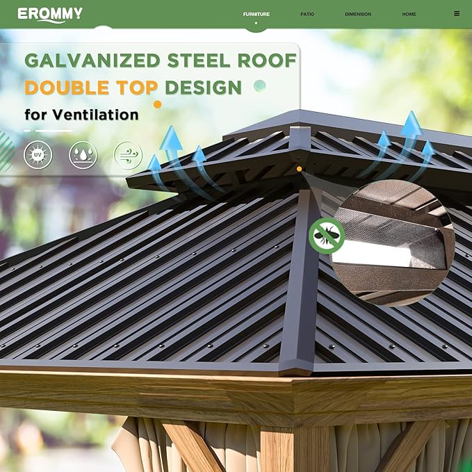 EROMMY 12x14 Gazebo, Wooden Finish Frame Gazebos with Galvanized Steel Roof for Patio & Backyard