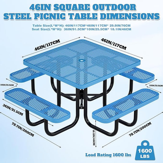 46" Square Top Outdoor Picnic Table Set for Up to 8 Persons, Outside Table Set with 4 Built-in Benches, Metal Commercial Grade Dining Furniture with Umbrella Hole for Garden, Backyard, Patio, Blue