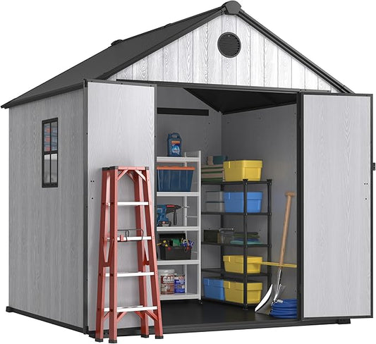 8x8 FT Resin Storage Shed with Lockable Doors & Vents - Heavy-Duty Foldable Panels, Weather-Resistant Design for Garden Tools, Bikes, Patio Furniture, Lawn Mowers & Outdoor Organization