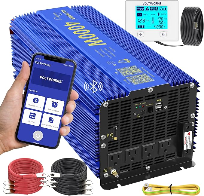 VOLTWORKS 4000W Pure Sine Wave Power Inverters 12V DC to 110V 120V AC with Bluetooth APP 4AC Outlets AC Terminal Blocks Remote Controller Compatible with Lithium Battery for Off-Grid Solar Home RV Car