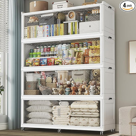 320 Gallon Extra Large Collapsible Storage Bin with Lid, 960QT Stackable Plastic Organizer with 6x Wheels, Foldable Drawer Cabinet for Closet, Living Room Office, Kitchen 4Pack, White