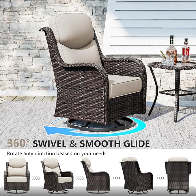 Patio Swivel Chairs Set of 2 and Side Table, Outdoor Swivel Rocker Patio Chairs with High Back and Thick Cushions, Wicker Patio Furniture Set for Porch, Deck Use (Beige, 3 PCS)