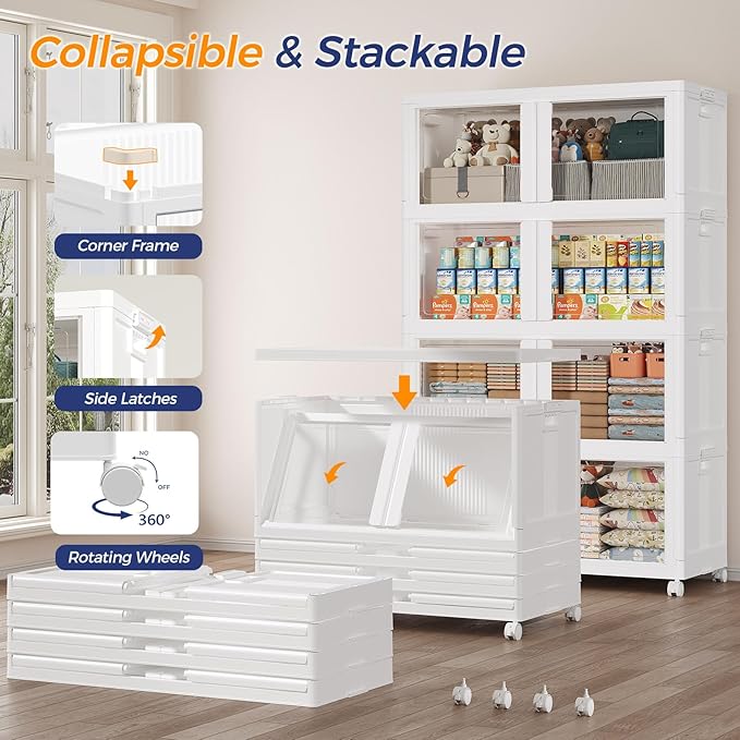 360Qt Stackable Storage Bins with Lid and Wheels, 90Gal Plastic Closet Organizer and Storage Drawer, Large Collapsible Storages Box Cabinet with Clear Door for Home Kitchen Office, 3Pack White
