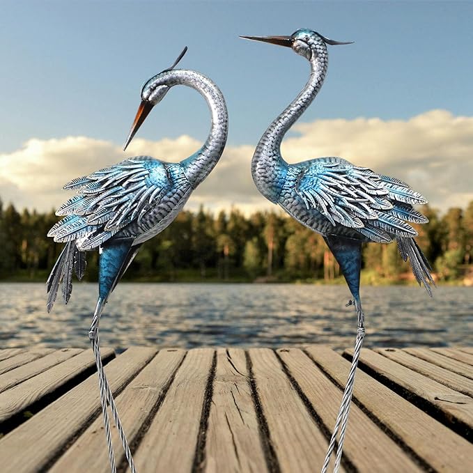 Oritty Outdoor Crane Garden Statues, Blue Heron Garden Statues, Large Metal Cranes for Yard, Lawn, Patio, Pond