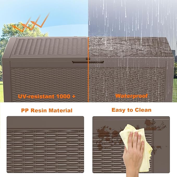 ROJIK Outdoor Storage Housing Deck Box - Waterproof Patio Furniture, Garden Tools, Cushions, Pool Accessories Storage Bench with Lockable Lid and Side Handles (Grey 100 Gal)