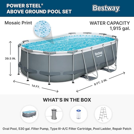 Bestway 56631E-BW Power Steel Oval Frame Above Ground Backyard Summer Swimming Pool Set with Filter Pump and Safety Ladder, 14' x 8' x 39" (Gray)