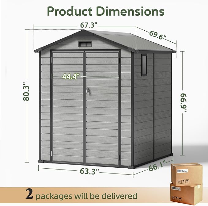 6×6FT Plastic Outdoor Storage Shed, Double Door Tool Shed with Transparent Roof and Vent, Lockable Door with Key, Storing Patio Furniture, Gardening Tools, and Bicycle Accessories.