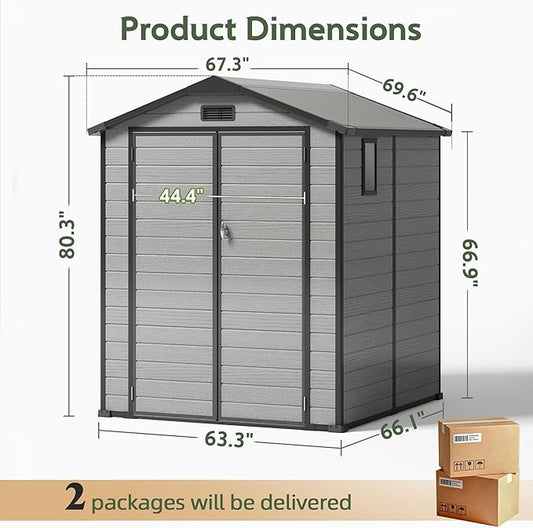 6×6FT Plastic Outdoor Storage Shed, Double Door Tool Shed with Transparent Roof and Vent, Lockable Door with Key, Storing Patio Furniture, Gardening Tools, and Bicycle Accessories.