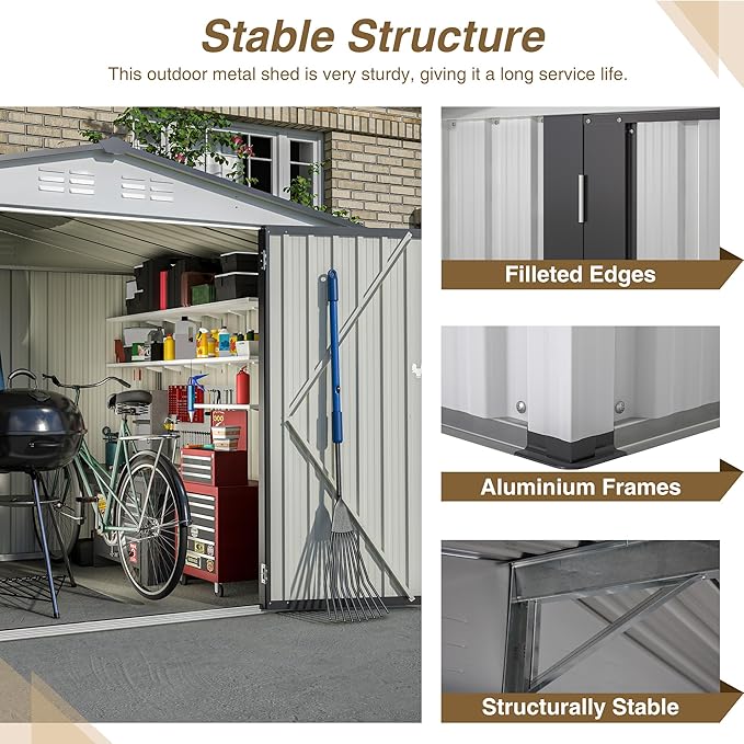 8x6 FT Outdoor Storage Shed W/ 2 Lockable Hinged Doors,Metal Shed W/Sloped Roof & 4 Air Vents,Garden Tool House W/Updated Frame Structure,for Backyard Patio Lawn,White