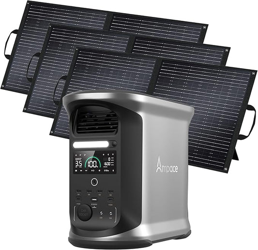 AMPACE Andes 1500 Power Station 2400W(Surge 3600W) Solar Generator with 3x100W Solar Panels, 1462Wh Solar Power Station, 1800W A-Boost Fast Charging, APP Control, Emergency Power for Home Use