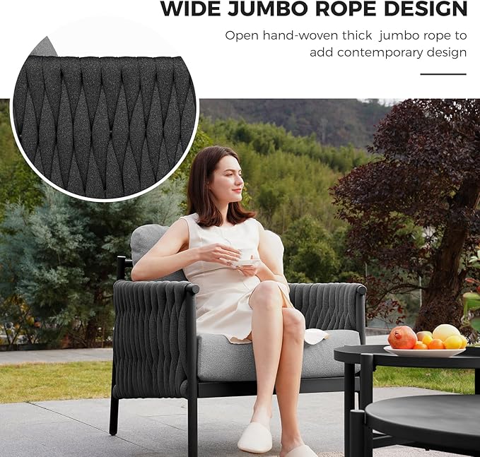 Grand patio 5-Piece Outdoor Furniture Set, Outdoor Sofa Set with 2 Round Side Tables, Modern Metal Patio Couch with Thick Waterproof Cushions for Porch Deck Backyard, Dark Grey