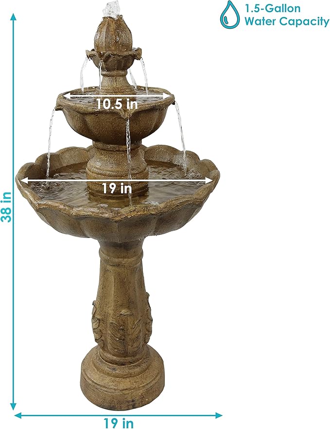 Sunnydaze Blooming Flower 38-Inch 2-Tier Outdoor Water Fountain with Electric Submersible Pump for Garden, Patio or Yard