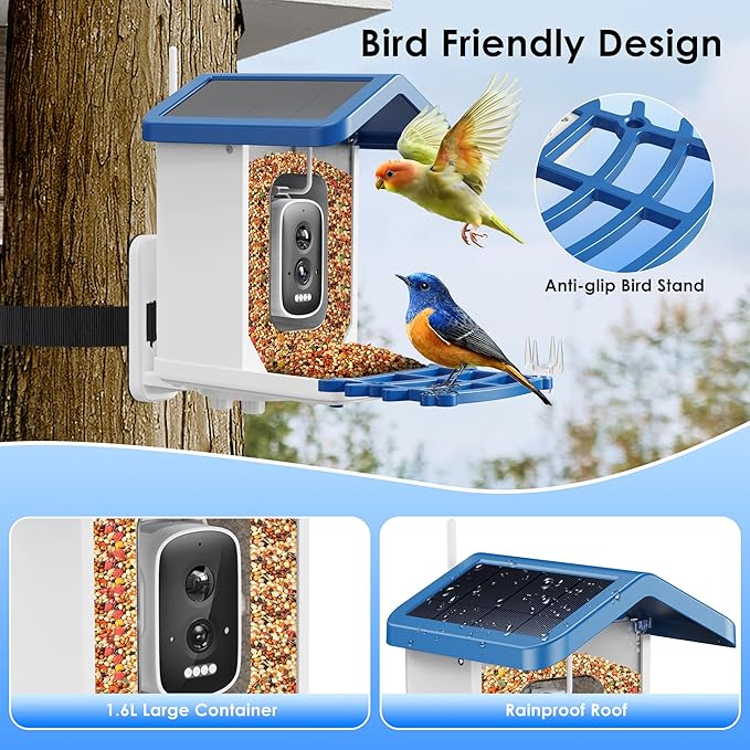 Bird Feeder with Camera, 2.5K UHD, AI Bird Species Recognition, Solar Powered, Instant Arrival Alerts, Weatherproof Squirrel-Proof Birdhouse with WiFi App Live View, 32GB Card & Accessories Included