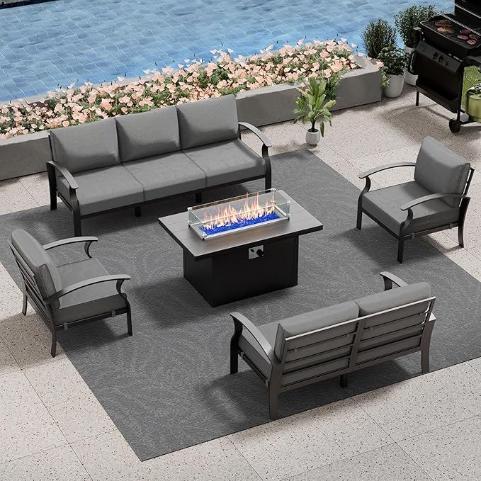 Aluminum Patio Furniture Set with Fire Pit Table, 7 Seats Outdoor Patio Conversation Set Modern Metal Patio Sectional Sofa with Upgrade Cushions for Patio, Backyard (Grey)