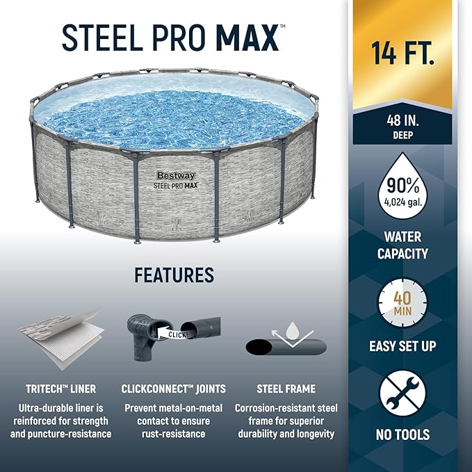 Bestway Steel Pro MAX 14' x 48" Above Ground Pool, Round Metal Frame Outdoor Swimming Pool Set with Filter Pump, Ladder, and Cover, Gray Stone Print