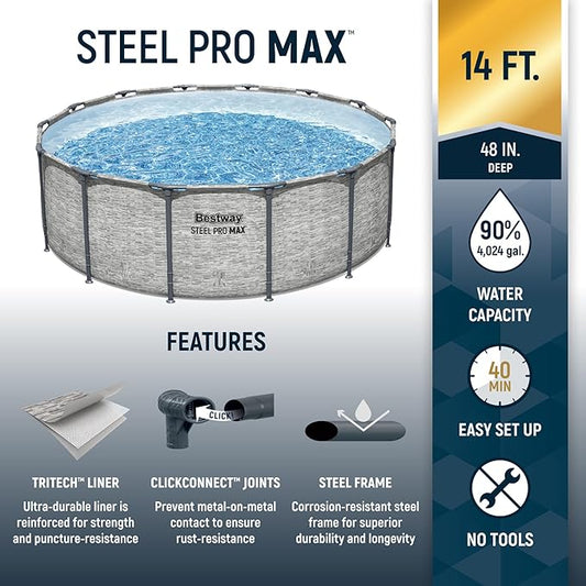 Bestway Steel Pro MAX 14' x 48" Above Ground Pool, Round Metal Frame Outdoor Swimming Pool Set with Filter Pump, Ladder, and Cover, Gray Stone Print