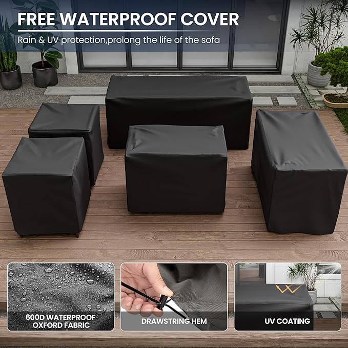 Amopatio Patio Furniture with Fire Pit, 8 Pcs Aluminum Outdoor Metal Patio Sofa Sets with Aluminum Fire Pit Table,White(Included Waterproof Covers)