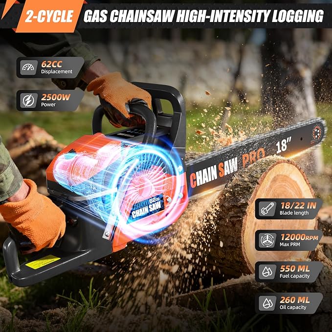 62CC Gas Chainsaw, Professional Chainsaw with 2-Stroke Engine, 18inch & 22inch Chain Saw Bar, Ergonomic Non-Slip Handle & Dual Fuel Tanks for Tree Wood Cutting