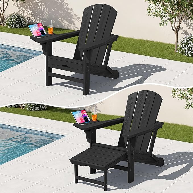 KINGYES Adjustable Folding Adirondack Chair with Footrest & 4-in-1 Multi-Functional Armrest Organizer, HDPE Foldable Reclining Adirondack Chair with Pull-Out Ottoman, Black