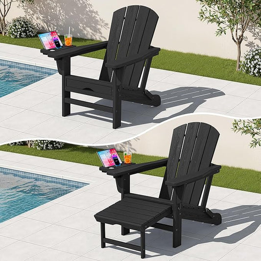KINGYES Adjustable Folding Adirondack Chair with Footrest & 4-in-1 Multi-Functional Armrest Organizer, HDPE Foldable Reclining Adirondack Chair with Pull-Out Ottoman, Black