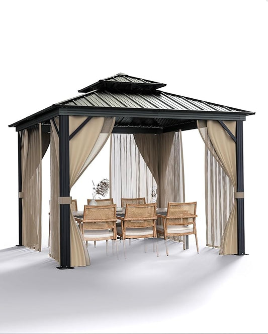 GarveeLife 10 ft x10 ft Hardtop Gazebo for All Weather, with Double Metal Roof, Aluminum Alloy Frame, Net, and Curtain, Permanent Building for Patio, Deck, Backyard, Lawn, and Garden