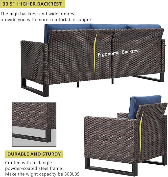 HUMMUH 8 Piece Patio Furniture All Weather 6-Seater Outdoor Sectional Sofa with Patio Swivel Chairs and Outdoor Chairs Ottomans for Porch,Garden,Backyard,Deck(Brown/Blue)