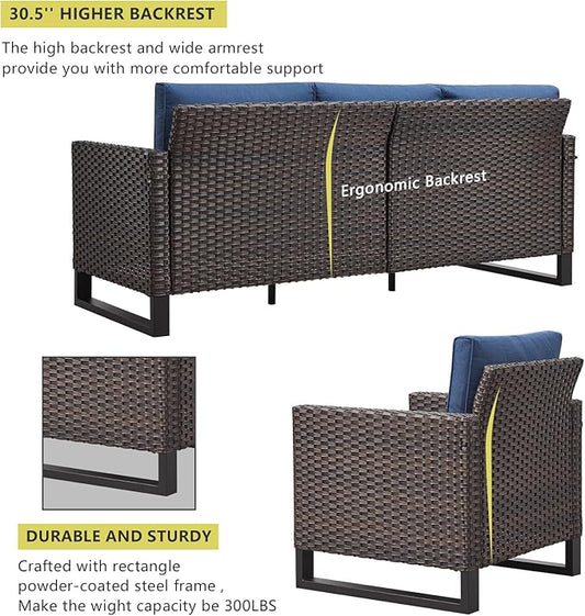 HUMMUH 10 Piece Patio Furniture Set PE Wicker 3 Outdoor Sectional Sofa Set with Patio Chairs Dinning Table Ottomans for Porch,Garden,Backyard,Deck(Brown/Blue)