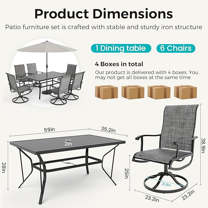 7-Piece Outdoor Dining Set, Patio Furniture Set with Textilene Swivel Chairs, Outdoor Table & 6 Chairs for Garden, Backyard, Poolside, Deck, Charcoal