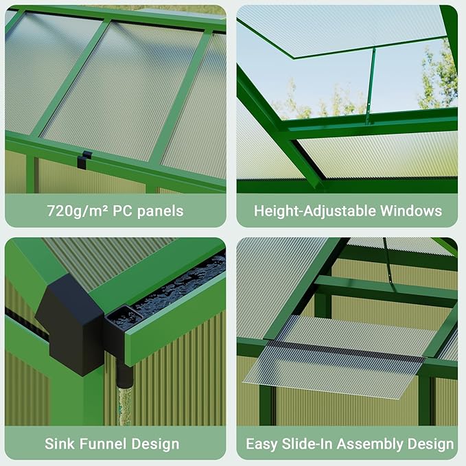 6 x 8 ft Greenhouse, Greenhouses for Outside, Polycarbonate Greenhouse with Aluminum Frame, Lockable Door and Ajustable Roof Vent for Backyard, Green Houses for Outside Garden Backyard, Patio