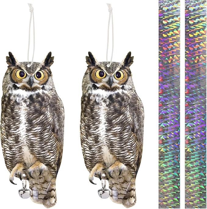 2PCS Reflective Hanging Hawk Fake Owl Decoration, Realistic Hanging Owl for Garden Patio Windows