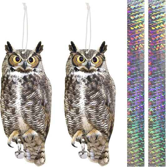 2PCS Reflective Hanging Hawk Fake Owl Decoration, Realistic Hanging Owl for Garden Patio Windows
