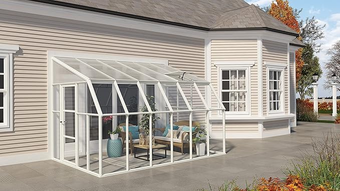 Palram Canopia Rion Sun Room 8 Ft. x 12 Ft. Solarium, Lean-To Greenhouse DIY Kit, Attach to House, Large Twin Wall Polycarbonate, 100% UV Protection For Porch, Patio Outdoors with Window Vent (White)