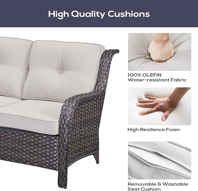 Belord Outdoor Patio Furniture Set with Propane Fire Pit Table, 7 Pieces Wicker Patio Conversation Set with 2 Swivel Glider Rocker Chair Rattan Sofa Beige Cushion Perfect for Casual Gathering