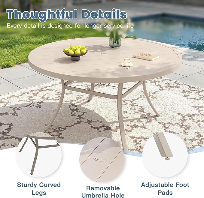DIFY 53" Round Outdoor Patio Dining Table for 8, Metal Patio Table with 1.57" Adjustable Umbrella Hole, All-Weather Dining Furniture Table for Backyard Lawn Garden, Cream