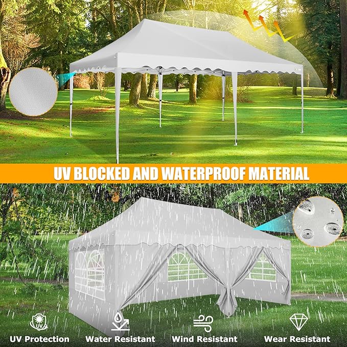 HOTEEL 10x20 Pop Up Canopy, Outdoor Easy Setup Party Tent, Waterproof Portable Enclosed Event Shelter with Wheeled Bag, Weight Bag for Backyard, Vendor, White