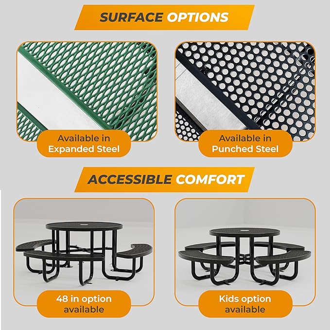 OUTTANS Metal Picnic Tables for Outdoors with Umbrella Hole - Coated Steel Heavy Duty Commercial Grade Furniture Set with Adjustable Seats (Blue, 38 in, Round, Expanded Steel)