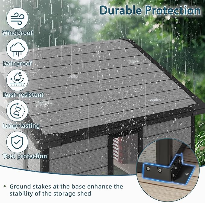 6X4 FT Outdoor Storage Shed, Resin Storage Shed with Floor & Drainage Channel for Bikes, Furniture, Gardening Tools, Plastic Sheds with Lockable Double Door Suitable for Backyard, Patio, Lawn