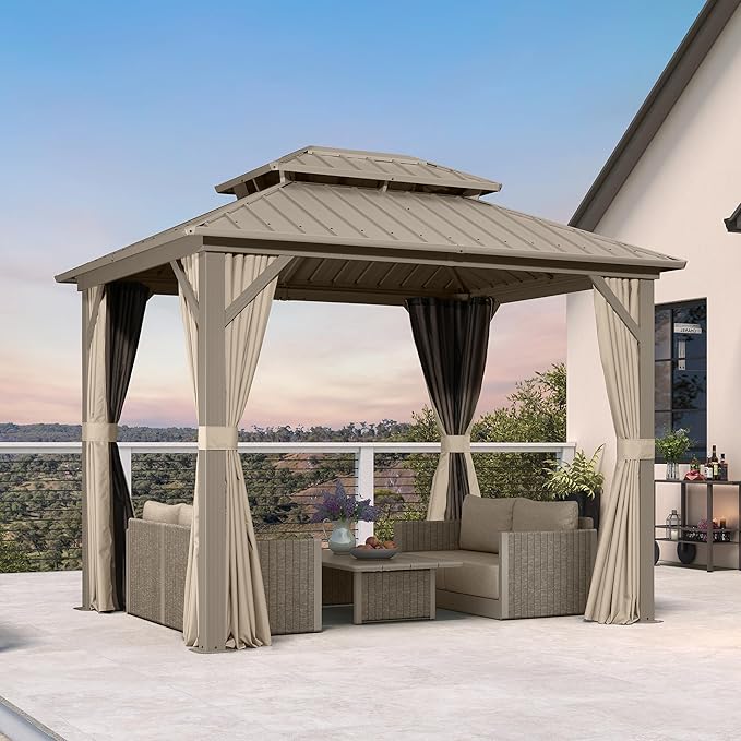 PURPLE LEAF 8' x 10' Outdoor Hardtop Gazebo, Champagne Small Aluminum Gazebo with Galvanized Steel Double Roof, Curtains and Netting for Patio Lawn and Garden