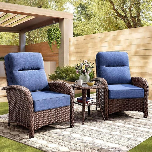 3-Piece Patio Furniture Set with 6-Inch Thick Cushions, High Back Outdoor Arm Chairs and Table, All-Weather Conversation Set for Porch, Deck, Balcony, Yard in Blue