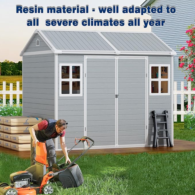 6x8 FT Resin Outdoor Storage Shed with Floor, Weather-Resistant Plastic Garden Shed with Windows, Lockable Door and Vents, Outside Tool Storage Sheds for Backyard, Garden, Lawn, Grey