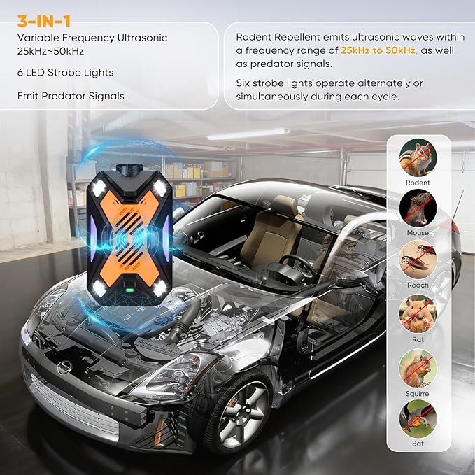 Rodent Repellent for Car Engines, Mouse Repellent, Enhanced Ultrasonic Pest Repeller, Rat Repellent, Predator Signal&Ultrasonic&LED Strobe Light, Keep Mice Away Rooms,Indoors,Outdoors (Orange)