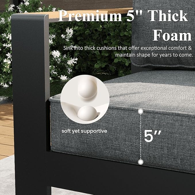 LayinSun Aluminum Outdoor Furniture Set 3 Seat Sofa, Outside Patio Deep Seating Conversation Set with Upgraded Washable Thick Cushion