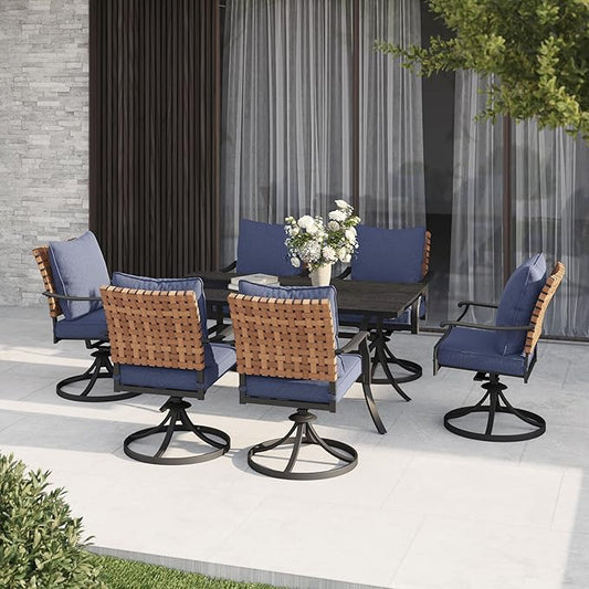 Grand patio 7-Piece Outdoor Dining Set, 6 Leather-Look Wicker Swivel Blue Patio Chairs & 1 Rectangular Dining Table, Black