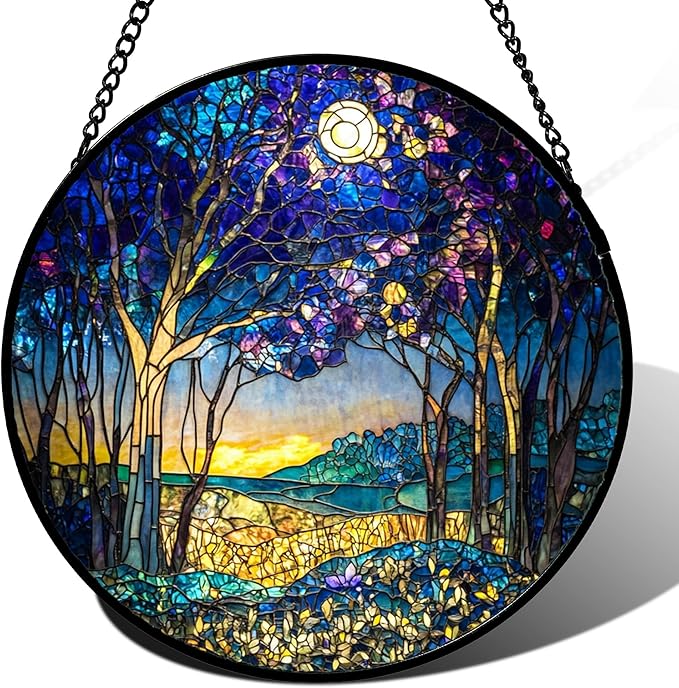 QZQCBLC Stained Glass Window Hanging Blue Purple Forest Trees Landscape Moon Large 15" - Suncatcher Door Garden Sun Catcher Home Decor Birthday Christmas for Mom Men Woman Nana